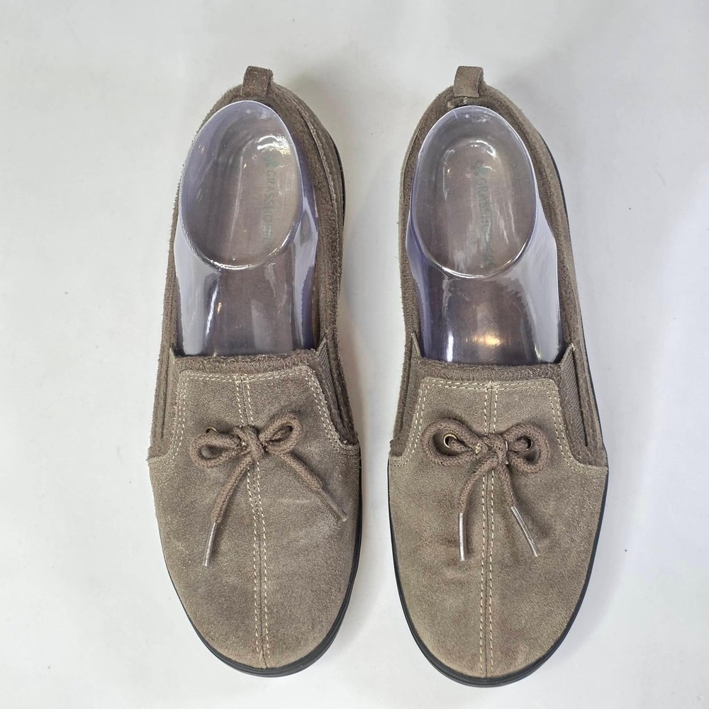 Grasshoppers Loafers Women's Size 7 M Gray Khaki Suede Slip On Bow Detail Shoes - Picture 1 of 14